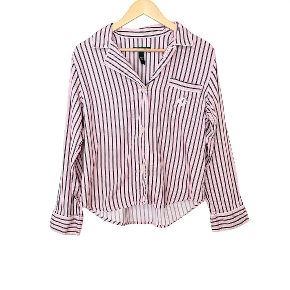 Lauren Ralph Lauren Pajama Top Womens L Pink‎ Navy Blue Striped Cotton Preppy